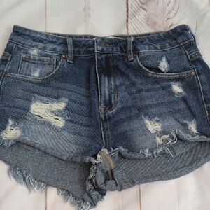 PacSun High Rise Short Raw Frayed Hem Cute Distressing size 27 Med Dark Wash
